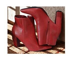 Chic Red Ankle Boots with Snakeskin Texture by Bamboo